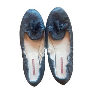 Prada Glitter Blue Flats with Tassels